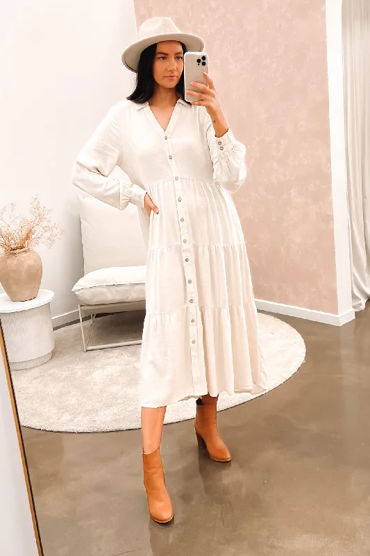 Fashion Classic Ethnic Style Little Paradise Long Sleeve Midi Dress Beige