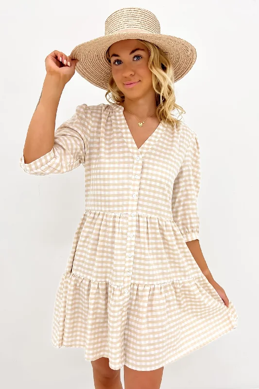 Fashion Selection Unique Prints Mallory Mini Dress Latte Gingham