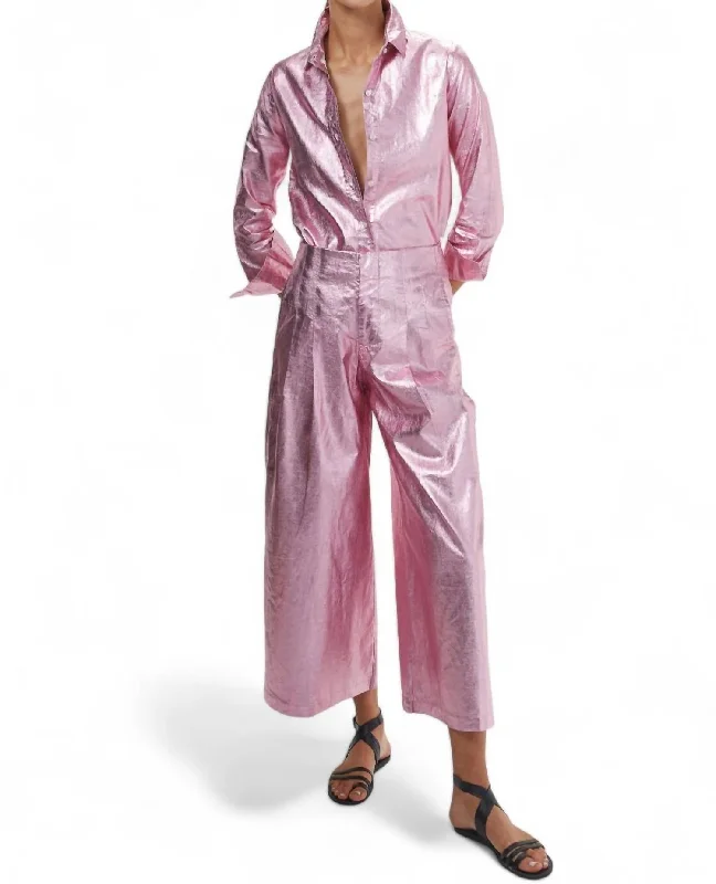 Classic And Versatile High-end Fabrics Metallic Wide Leg Pants In Pink