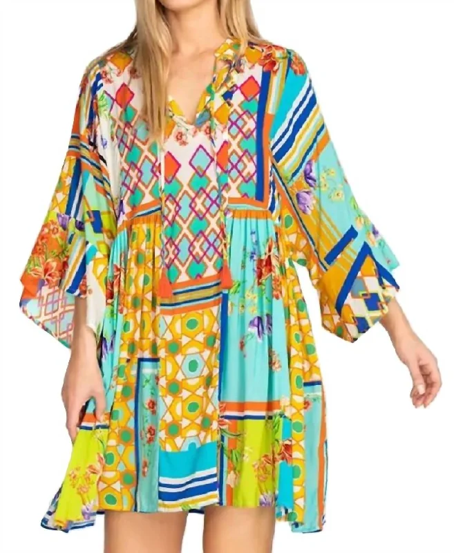 Celebrity Style Mixi Short Kaftan Dress In Multi