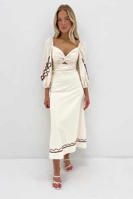 Single-shoulder Neck Design Molly Midi Dress Beige Brown