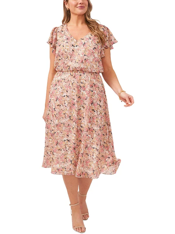 Classic Color French Style Plus Womens Floral Print Mid Calf Midi Dress