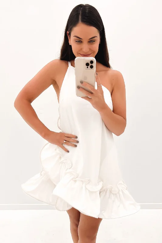 High Street Style Feminine Charm Rope Frill Asymmetric Mini Dress Ivory