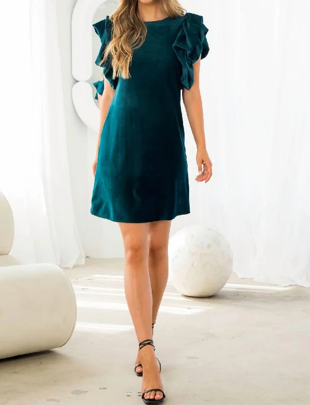 Retro Dress Ruffle Sleeve Velvet Dress In Teal