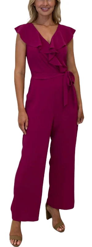 Exquisite Tailoring High-end Fabrics Ruffle Wrap Jumpsuit With Sash In Fuschia