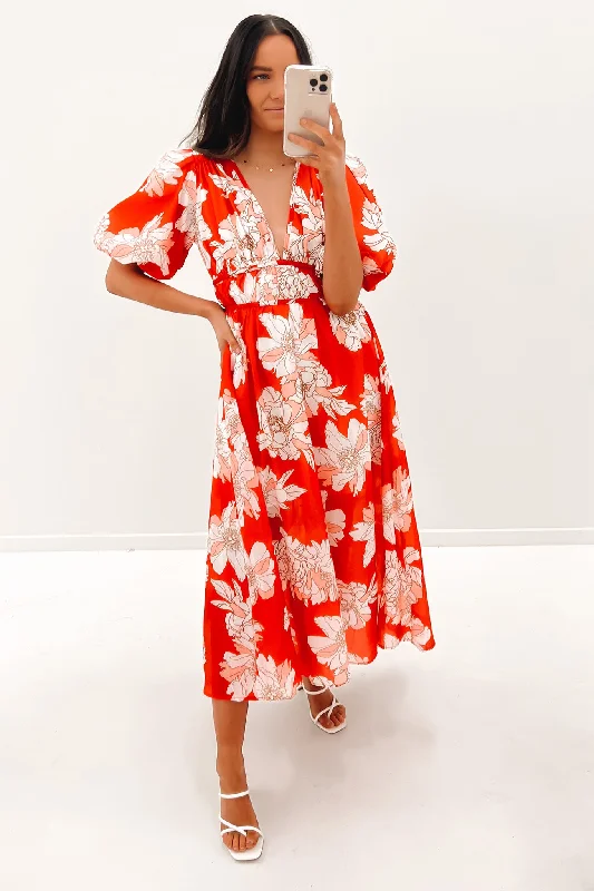 High Street Design Personalized Wear Tali Midi Dress Red Floral