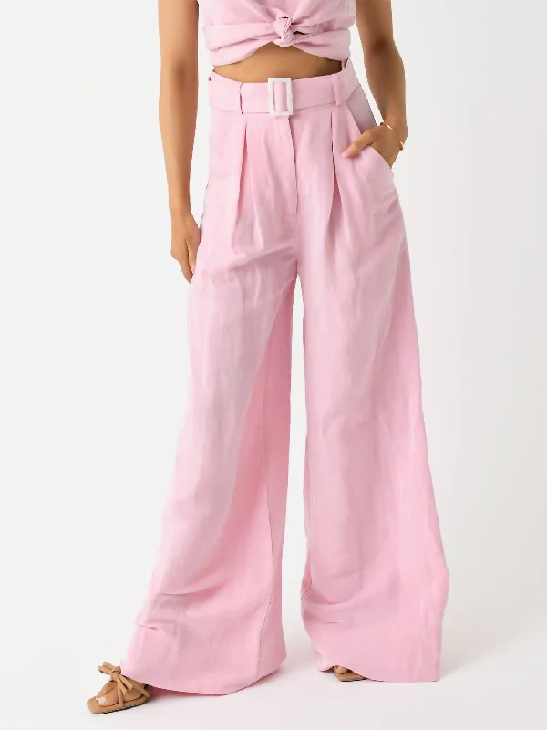 Noble And Elegant Fashionable Items Wide Leg Pleated Pant In Pink Viscose Linen