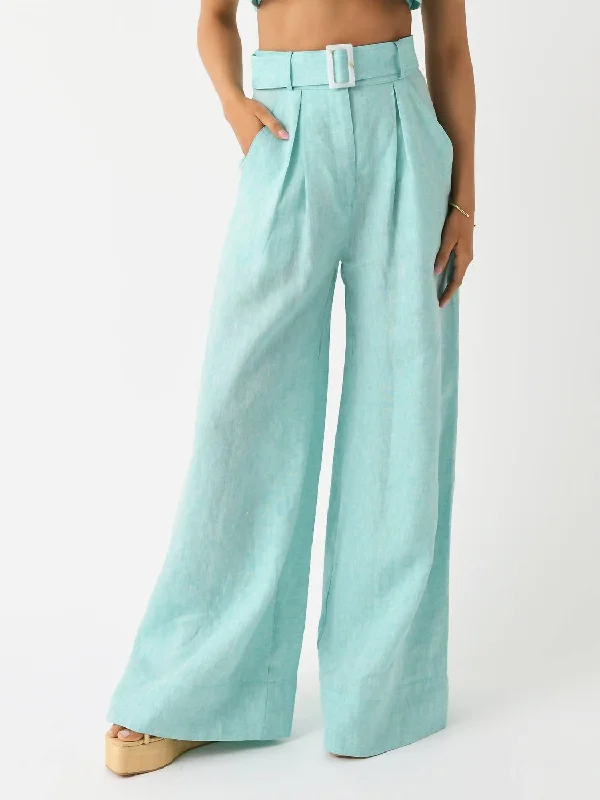 Goddess Style Celebrity Must-have Wide Leg Pleated Pant In Seafoam Melange Linen