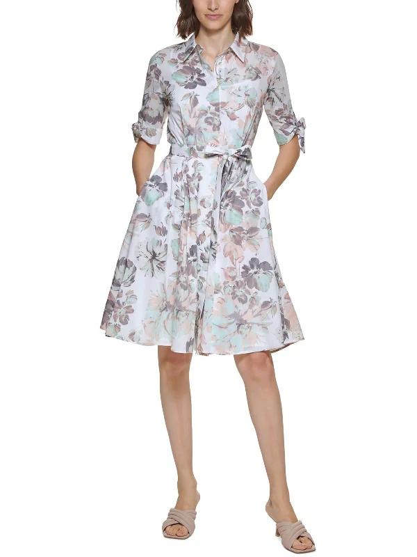 Retro Prints Noble And Elegant Womens Floral print Knee-Length Shirtdress