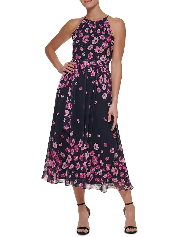 Exquisite Craftsmanship Diamond Series Womens Floral Print Tea Length Midi Dress