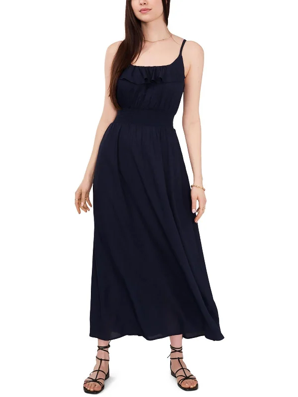 Elegant Design Simple Solid Color Womens Smocked Ruffled Maxi Dress