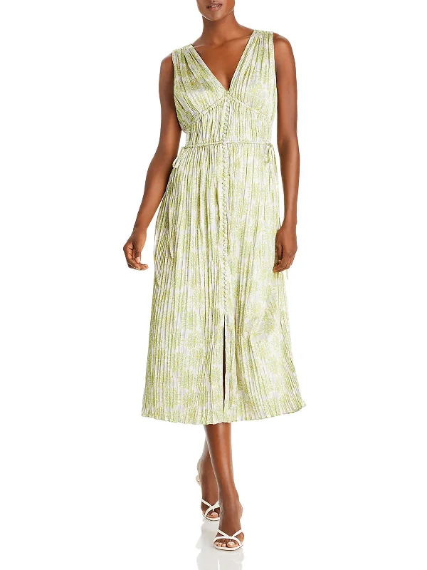 Embroidery Design Thin Design Womens V-Neck Calf Midi Dress